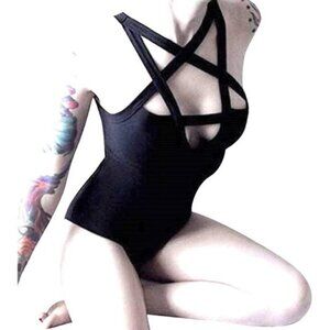 ⚡Women Black Hollow Out Low Chest Pentagram Bodysuit Gothic Dark Street Jumpsuit